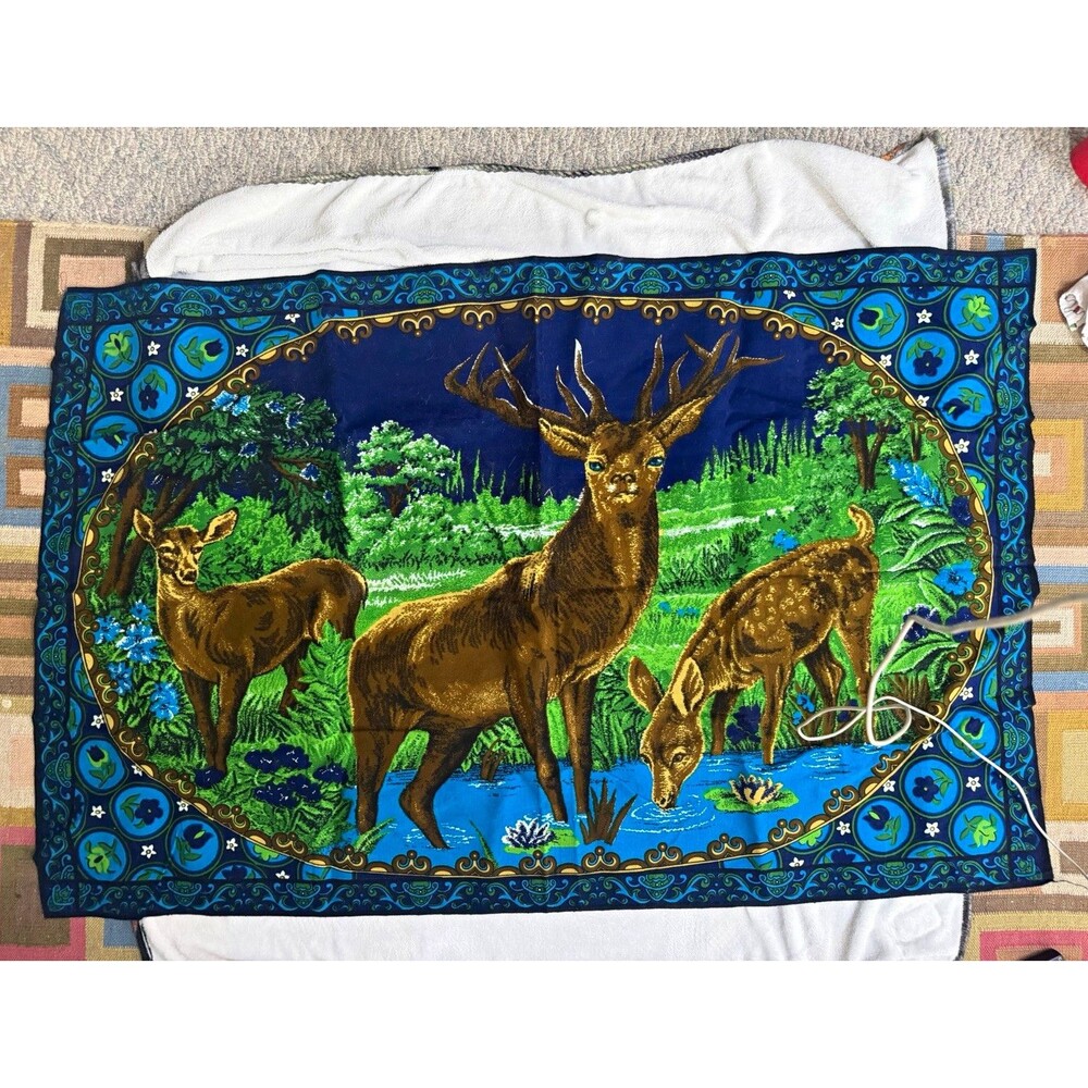 Vintage Deer Stag Woven Tapestry 38x69 Cabin Lodge Woodland Wall Hanging